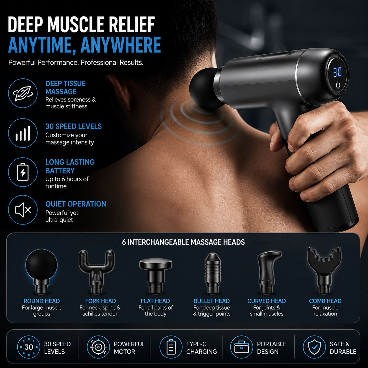 Electric Vibrating Massage Gun With Multiple Interchangeable Heads